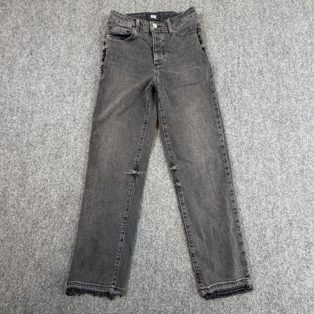PAIGE Sarah Straight Ankle Jeans Size25 Faded Black High Rise Button Fly Raw Hem